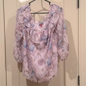 VINCE CAMUTO Lilac sheer floral, ruffled neck, long sleeve, on or off shoulder